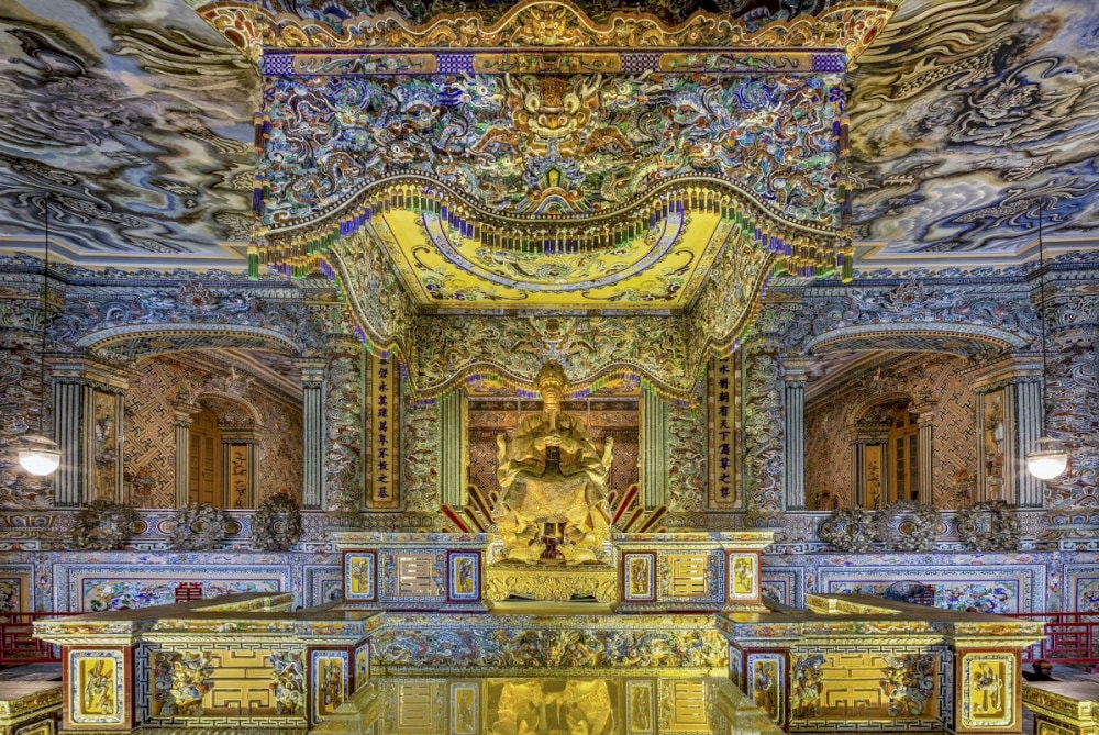 Located in nearby Hue, Khai Dinh Tomb represents one of Vietnam's most ornate royal burial sites, combining Vietnamese and French architecture